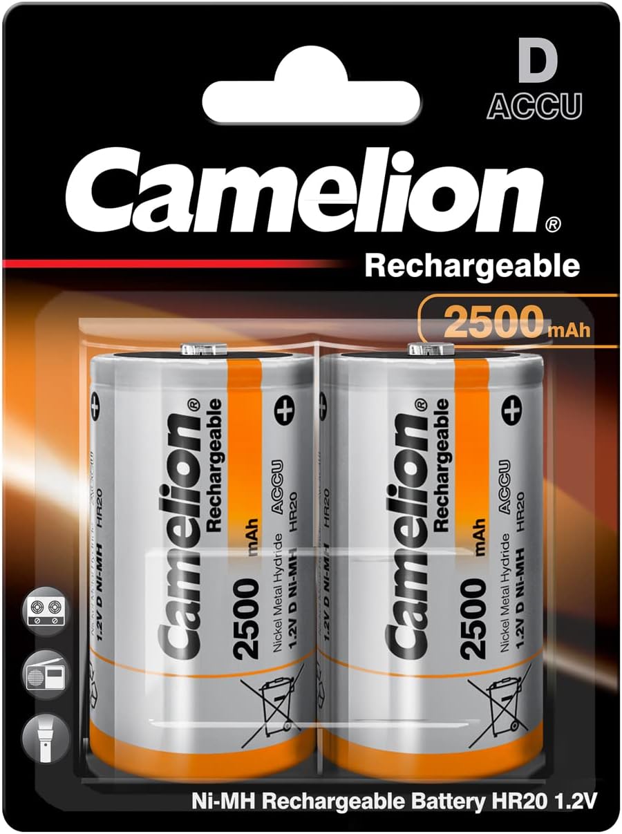 Camelion NiMH battery D with 1.2 volts, 2 pieces, capacity 2500 mAh, rechargeable, for different devices and consumer needs