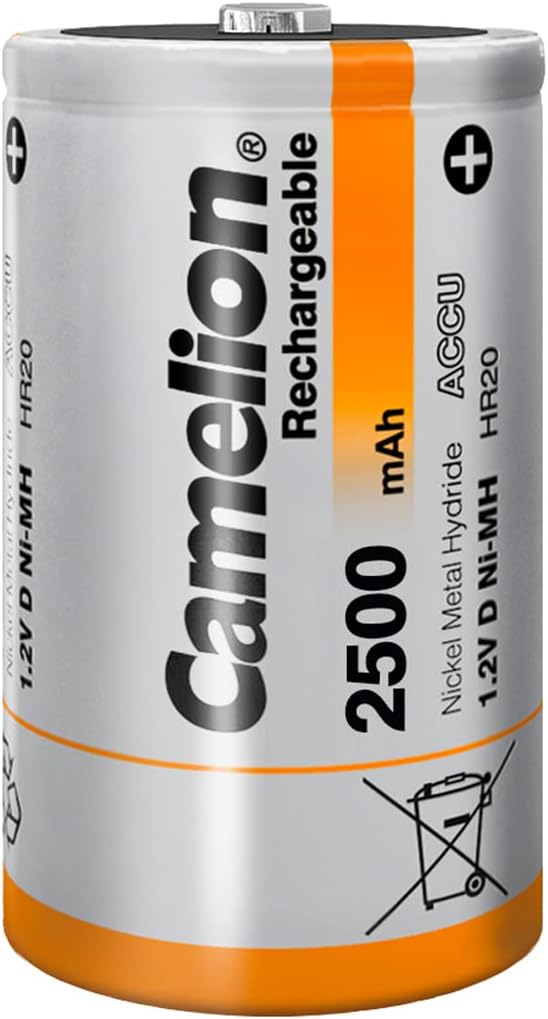 Camelion NiMH battery D with 1.2 volts, 2 pieces, capacity 2500 mAh, rechargeable, for different devices and consumer needs