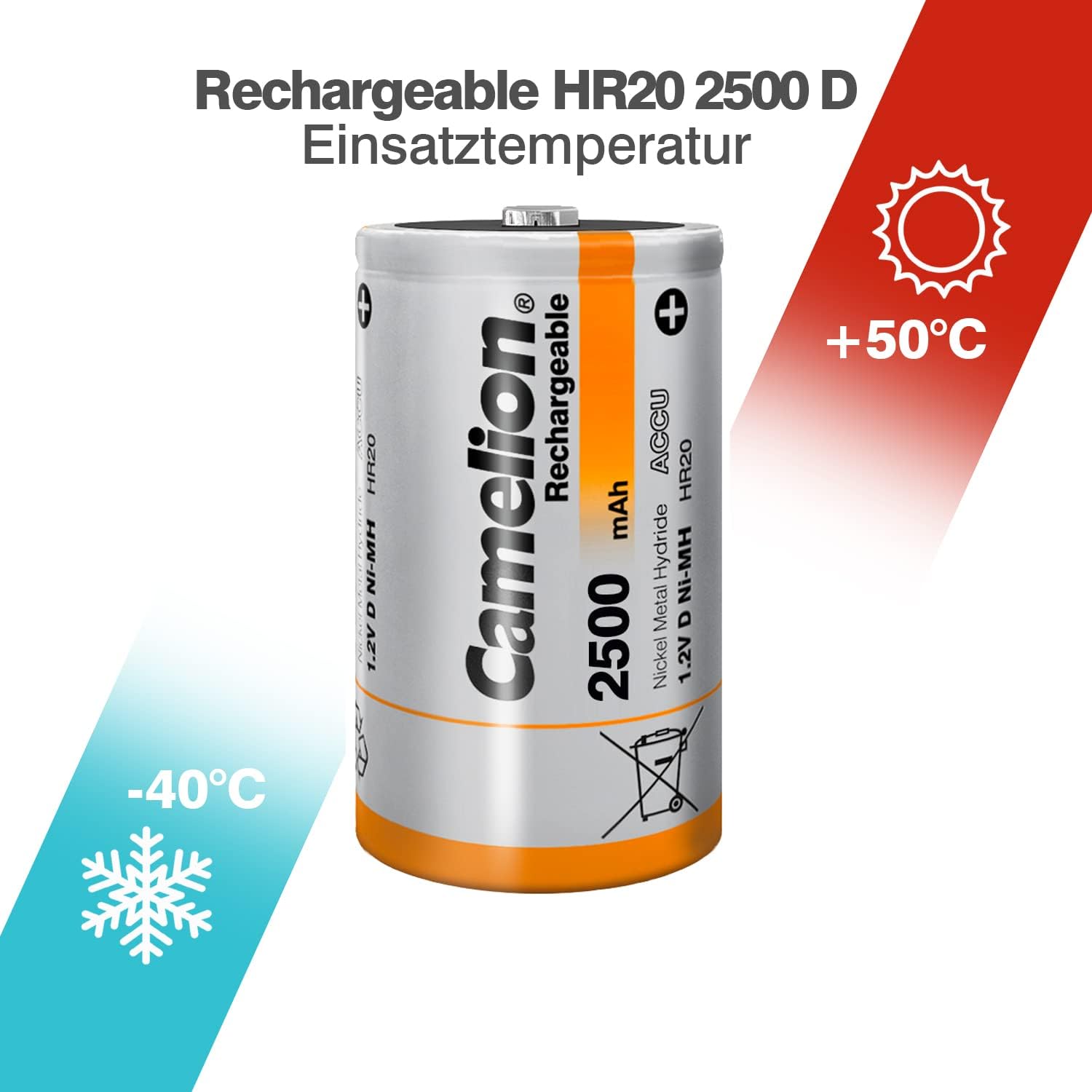 Camelion NiMH battery D with 1.2 volts, 2 pieces, capacity 2500 mAh, rechargeable, for different devices and consumer needs