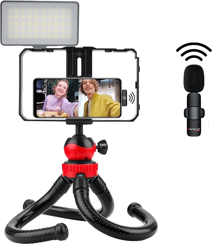 General VG-20 Vlogging Kit for Mobile with LED Light, K10 Wireless Microphone type c, Phone Holder and Tripod Stand