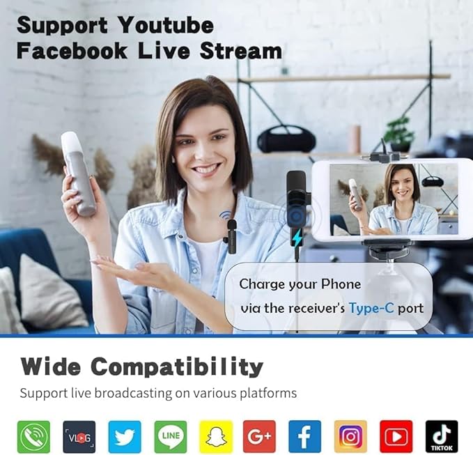 General VG-20 Vlogging Kit for Mobile with LED Light, K10 Wireless Microphone type c, Phone Holder and Tripod Stand