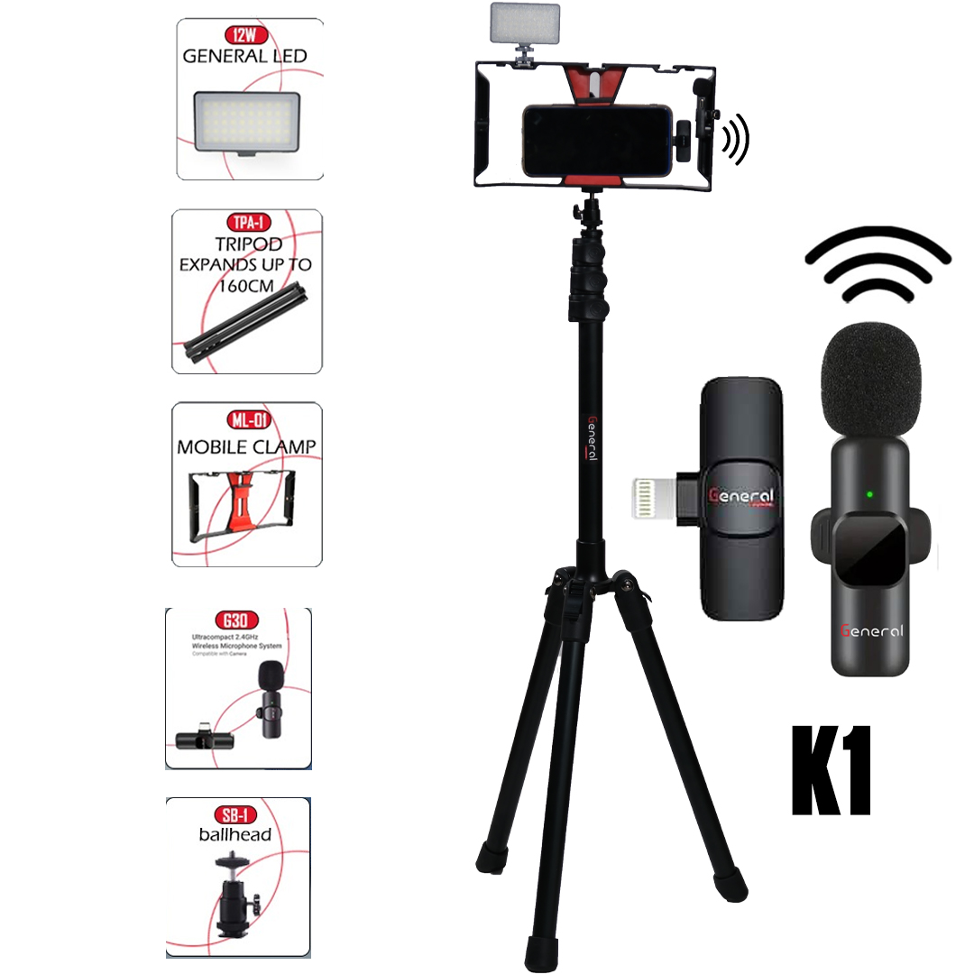 general TPA-1Kit Tripod With Mobile Clamp With Led12 With G30 K1 Microphone With Ballhead SB-1