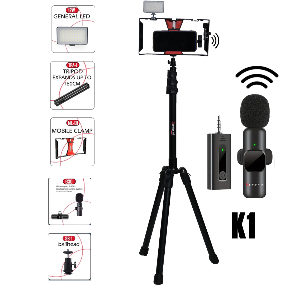 general TPA-1Kit Tripod With Mobile Clamp With Led12 With G30 K1 Microphone With Ballhead SB-1