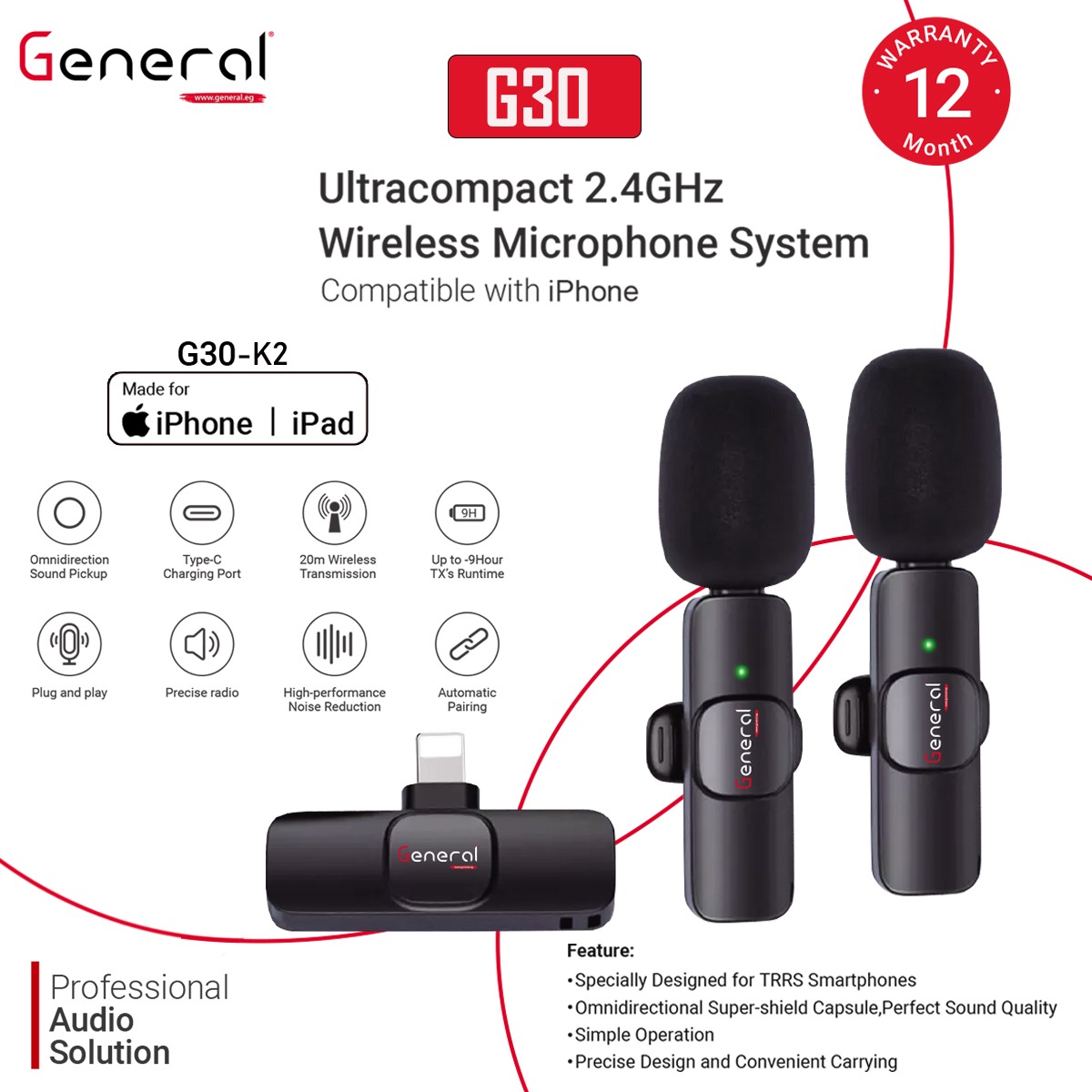 General Wireless G30 microphones iphone K2 (Black)