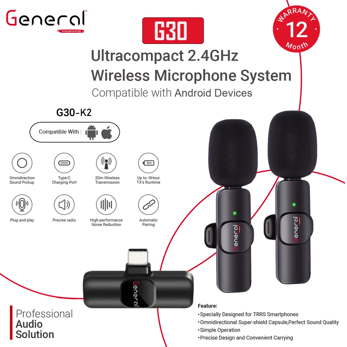 General Wireless G30 microphones Tyap C K2 (Black)