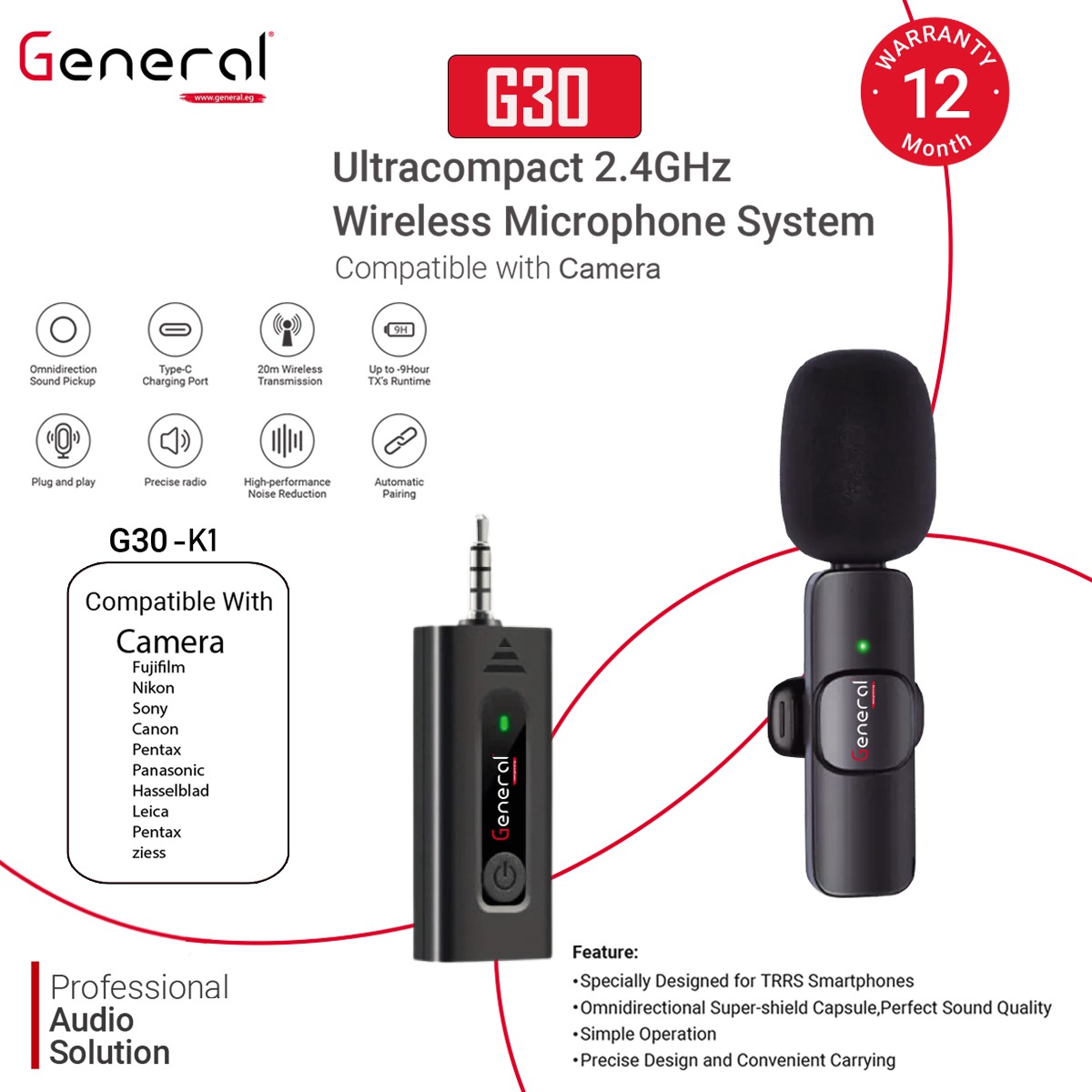 General Wireless G30 microphones camera  K1 (Black)