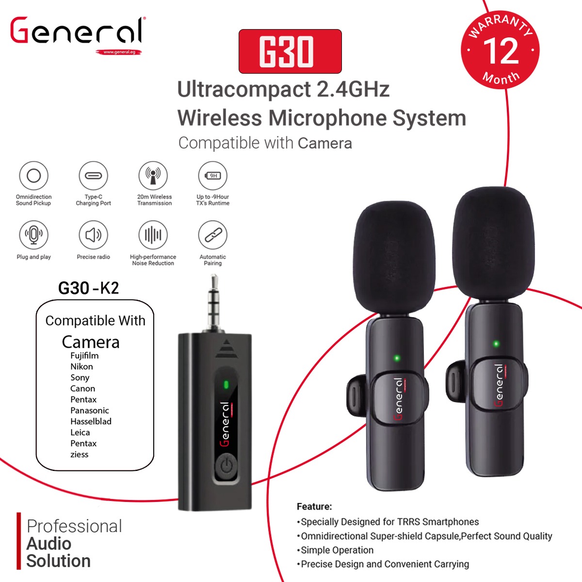 General Wireless G30 microphones Camera K2 (Black)