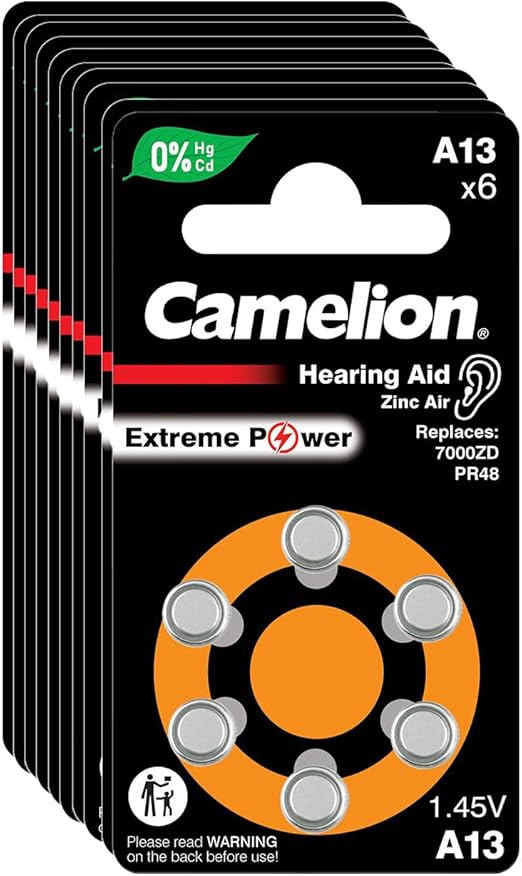 Camelion Extreme Power A13 Hearing Aid Batteries – 60-battery (10 Cards x 6 Cells) – Zinc Air – PR48 – 1.45V – Mercury-Free