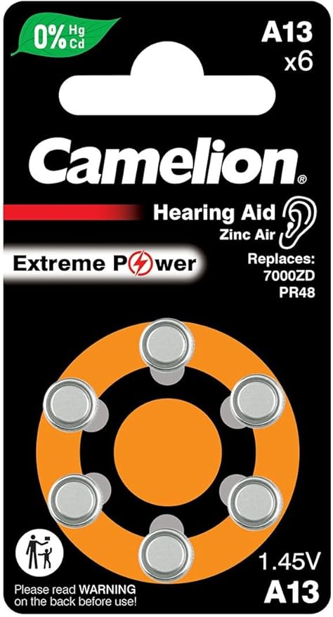 Camelion Extreme Power A13 Hearing Aid Batteries – 60-battery (10 Cards x 6 Cells) – Zinc Air – PR48 – 1.45V – Mercury-Free